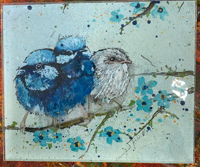 Three Blue Wrens handmade fused glass art by Camdal Atelier